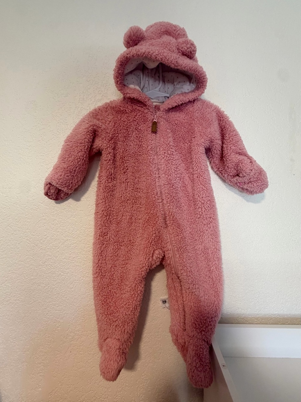 Carters Fleece Pink Bear One Piece Hooded Footie Jumpsuit 6 Months